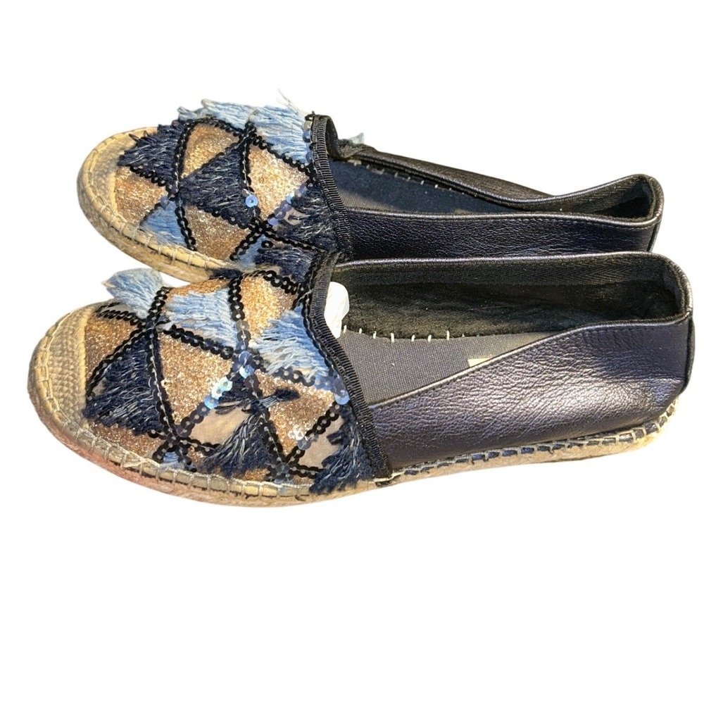 Vidorreta Spain Espadrilles Blue Denim Fringe Sequin Gold Flats Size 37(US 7)